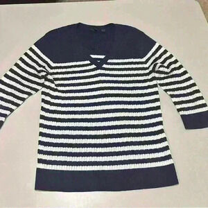 Jeanne Pierre Navy Striped V Neck Cotton Sweater Size XL